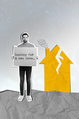 Vertical creative composite abstract photo collage of upset stressed guy hold placard looking for...