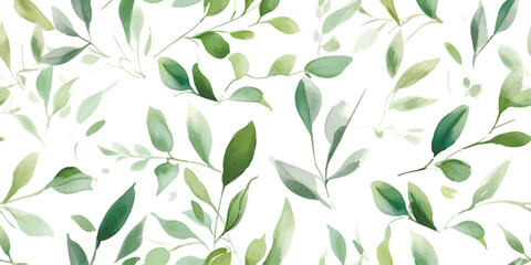 Hand painted foliage pattern, seamless floral print with green leaves, watercolor illustration isolated on white background for your wallpapers, textile or cover