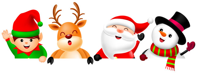 Cute cartoon Christmas character. Santa Claus, Snowman, Reindeer and little elf. Christmas theme concept. Illustration.