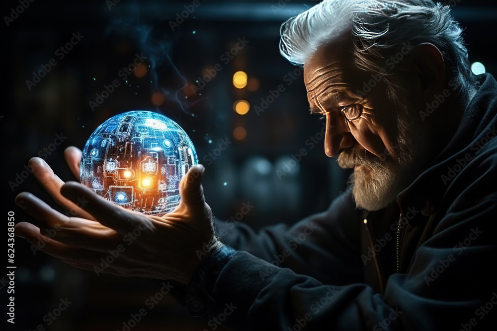 Poster the old man show virtual graphic global internet connect chat with ai, artificial intelligence. futu