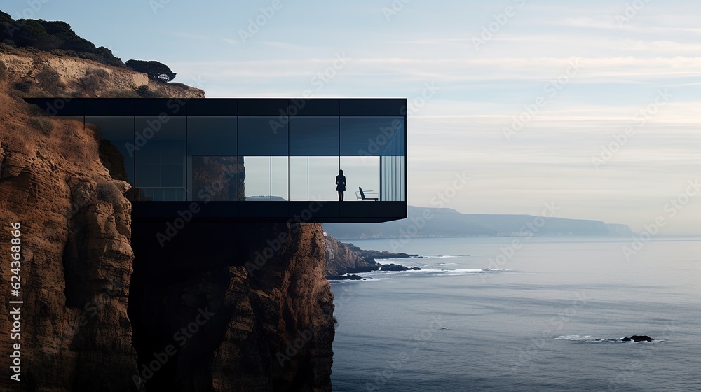 Poster a person standing on the edge of a cliff overlooking the ocean. generative ai.