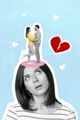 Vertical creative composite illustration photo collage of young upset girl think about happy ex...