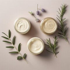 Obraz na płótnie Canvas natural creams in jars on the table top view, Al Generation