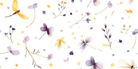 Minimalistic floral pattern with small flowers, petals, flying butterfly and dragonfly, wildlife watercolor print, seamless pattern purple and yellow colors, delicate illustration on white background
