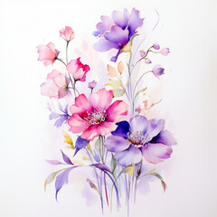 watercolor wildflowers pink and purple on a white background, Al Generation