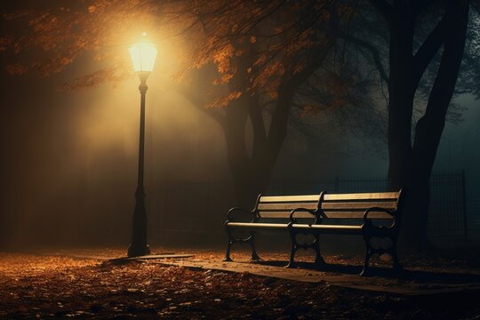 A park bench under the soft glow of a streetlamp, conveying the feeling of isolation and longing. Generative AI