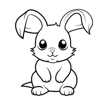 Forest animals - Cute Rabbit, simple thick lines kids or children cartoon coloring book pages . No Background, Generative AI