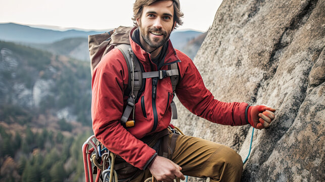 Hobby, extreme sport. Young man - a climber climbs rock with ropes