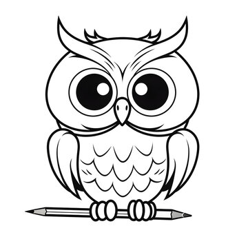 Forest animals - Cute Owl, simple thick lines kids or children cartoon coloring book pages . No Background, Generative AI