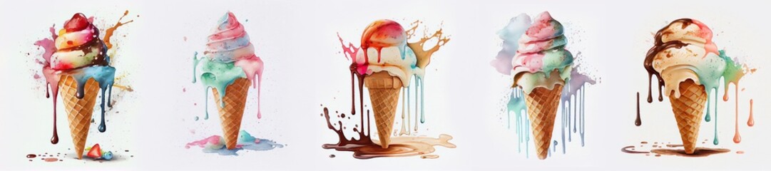 Generative AI, Set of 5 ice cream cone watercolor with colorful splashes