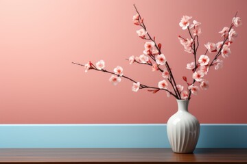 A white vase with pink flowers on a table. Generative AI.