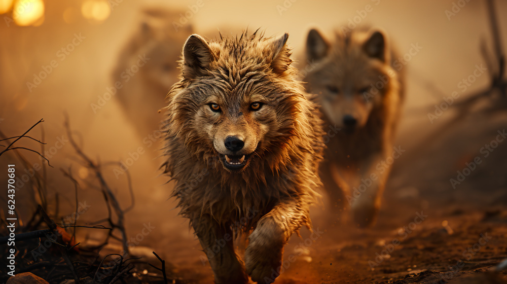 Poster a group of wolfs running through a forest. generative ai. animals run for their life from forest fir