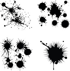 Abstract black ink splashes collection. Ink drops and splashes. Blotter spots, liquid paint drip drop splash, and ink splatter. Artistic dirty grunge abstract spot vector set. Splat messy inkblot