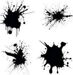 Abstract black ink splashes collection. Ink drops and splashes. Blotter spots, liquid paint drip drop splash, and ink splatter. Artistic dirty grunge abstract spot vector set. Splat messy inkblot