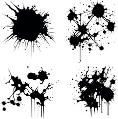 Abstract black ink splashes collection. Ink drops and splashes. Blotter spots, liquid paint drip drop splash, and ink splatter. Artistic dirty grunge abstract spot vector set. Splat messy inkblot
