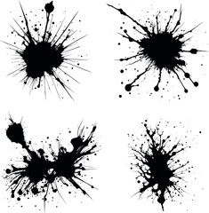 Abstract black ink splashes collection. Ink drops and splashes. Blotter spots, liquid paint drip drop splash, and ink splatter. Artistic dirty grunge abstract spot vector set. Splat messy inkblot
