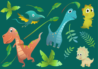 Cute Dinosaur Group in Prehistoric Nature with Palms and Trees clipart set. Dino for Kids Background Illustration. Jurassic park greeting card and clipart collection. Vector dino set for children.