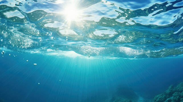 Bright sunlight shining through the surface of clean blue water. Sunny underwater landscape.