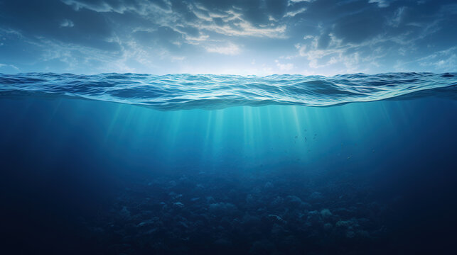 Dark blue water of a deep ocean with sun rays reaching the rocky seabed. Beautiful underwater landscape.
