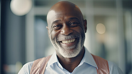 Handsome cheerful african american executive business man at workspace office. 60 year old successful manager.