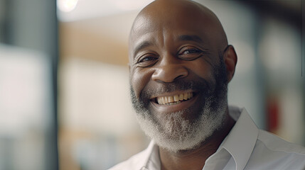 Handsome cheerful african american executive business man at workspace office. 60 year old successful manager.