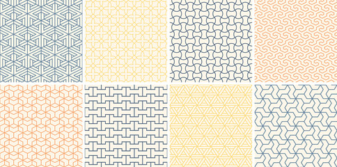 Collection of seamless ornamental vector patterns. Color simple oriental symmetry backgrounds. Geometric tile mosaic design. Grid textures - decorative outline prints - obrazy, fototapety, plakaty
