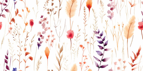 Watercolor abstract wildflowers, tender fleurs s ch es, seamless floral pattern with colorful plants. Illustration on white background in vintage style - obrazy, fototapety, plakaty