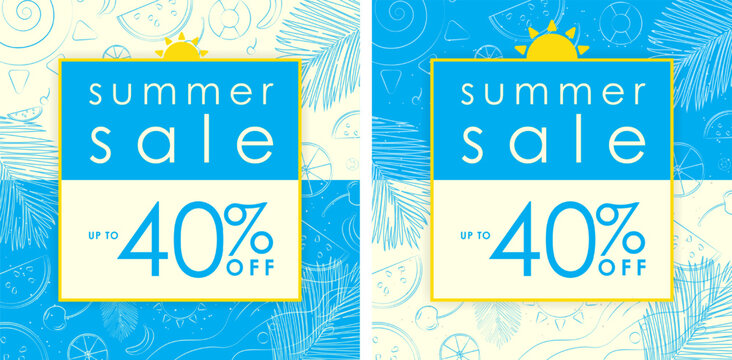 Simple Summer Sale Signs. Colorful Summer Sale poster with up to 40% off text tag and shop now button. Simple yet colorful summer sale concept. Palm leaves, hand drawn tropical elements.
