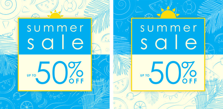 Summer Sale Up to 50% off on Cyan and Light Yellow Background Sale Sign with yellow frame and sun symbol on top. Outline of cherry, lemon, watermelon, sea waves, palm leaf. Vector Illustration EPS 10