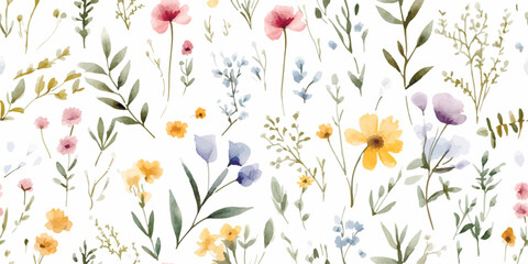 Watercolor floral seamless pattern with scattered wildflowers, leaves and plants. Summer illustration in vintage style on white background.