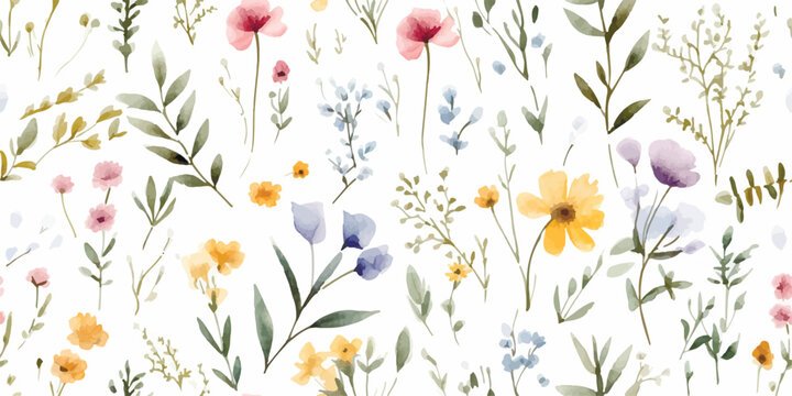 Fototapeta Watercolor floral seamless pattern with scattered wildflowers, leaves and plants. Summer illustration in vintage style on white background.