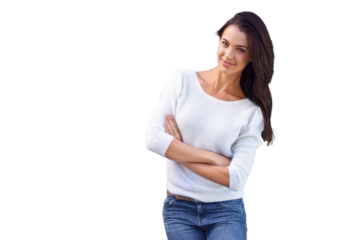 Happy, young and portrait of a woman with arms crossed for professional career, pride or confidence. Smile, designer and a creative employee isolated on a transparent png background in Portugal