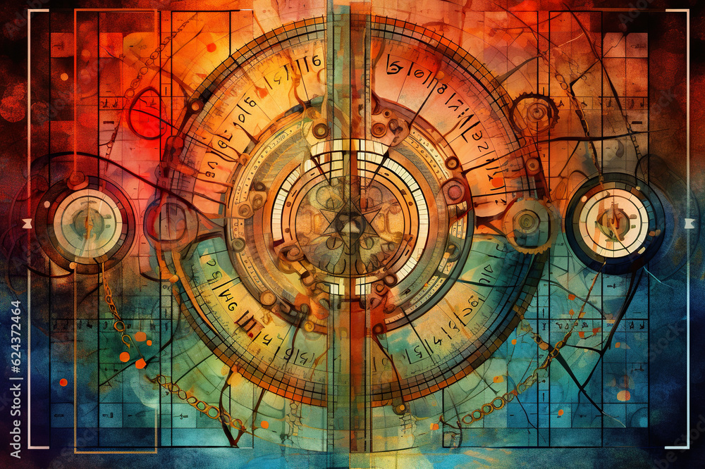 Poster a digital painting of a clock with roman numerals. generative ai. abstract geometric background with