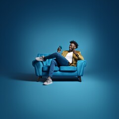 boy is sitting and playing cell phone on blue background