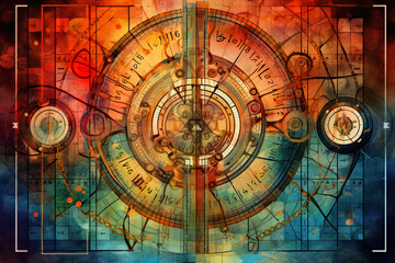 A digital painting of a clock with roman numerals. Generative AI. Abstract geometric background with lines and flat forms.