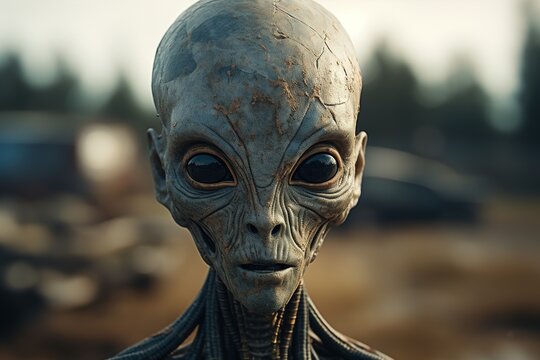 Alien, face closeup creepy humanoid looking at camera outdoors
