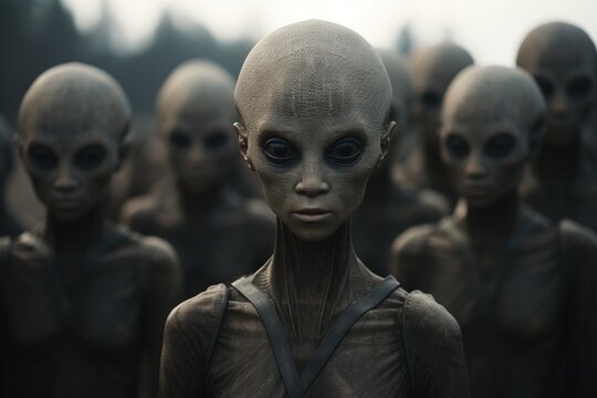 Crowd alien, group ufo creepy humanoid looking at camera outdoors. Paranormal sci-fi illustration