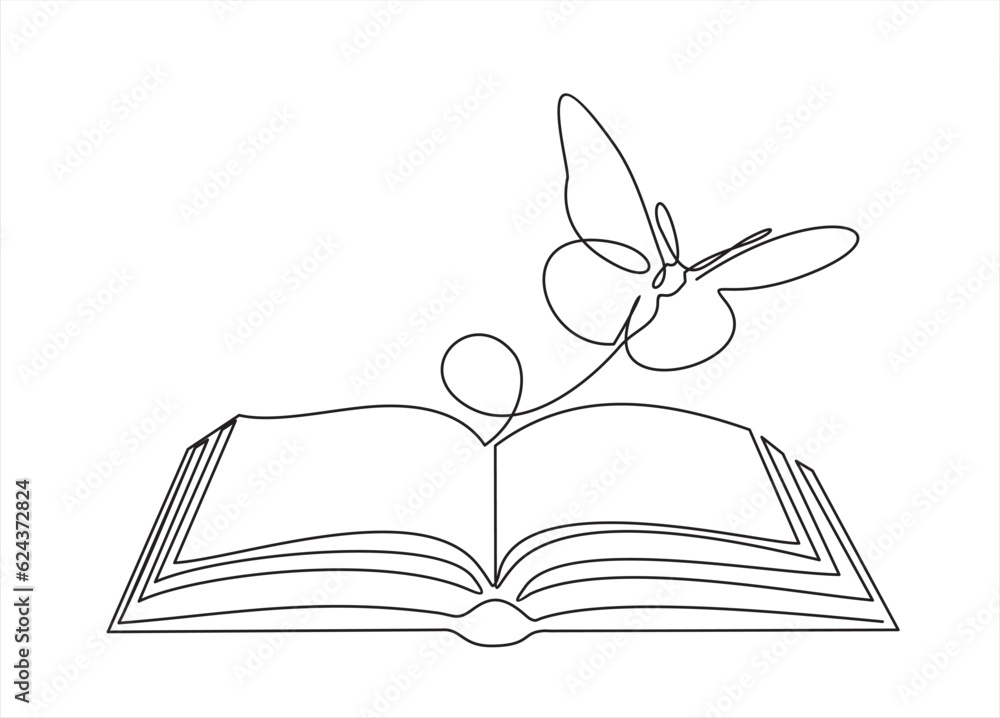 Poster continuous one line drawing of open book with flying butterfly. vector illustration on white backgro