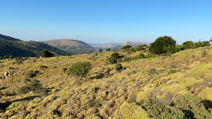 Fototapeta premium Rural landscape view in summer from Tepekoy village and dam area in Gokceada, Çanakkale, Turkey