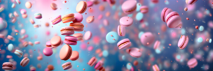Flying macarons on panoramic pastel background, food party web banner