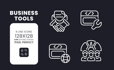 Business tools white linear desktop icons on black. Computer technology. Collaboration software. Pixel perfect 128x128, outline 4px. Isolated interface symbols pack for dark mode. Editable stroke