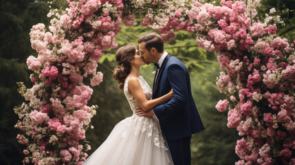 A romantic photo of the newlyweds sharing a tender kiss under a cascading flower arch Generative AI