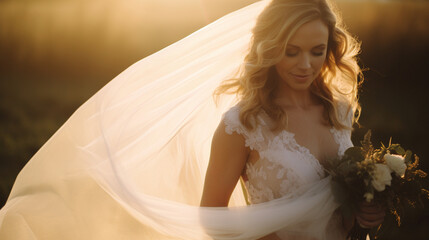 A candid shot of the bride's veil catching the golden sunset rays, evoking a sense of romance and bliss Generative AI