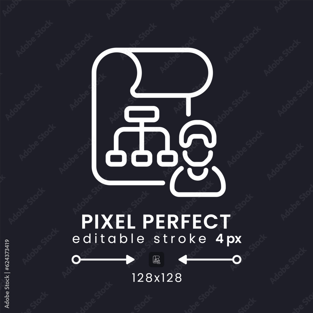 Poster project management white linear desktop icon on black. time tracking. collaboration software. pixel 
