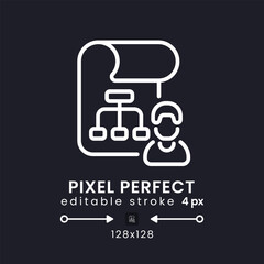 Project management white linear desktop icon on black. Time tracking. Collaboration software. Pixel perfect 128x128, outline 4px. Isolated user interface symbol for dark theme. Editable stroke