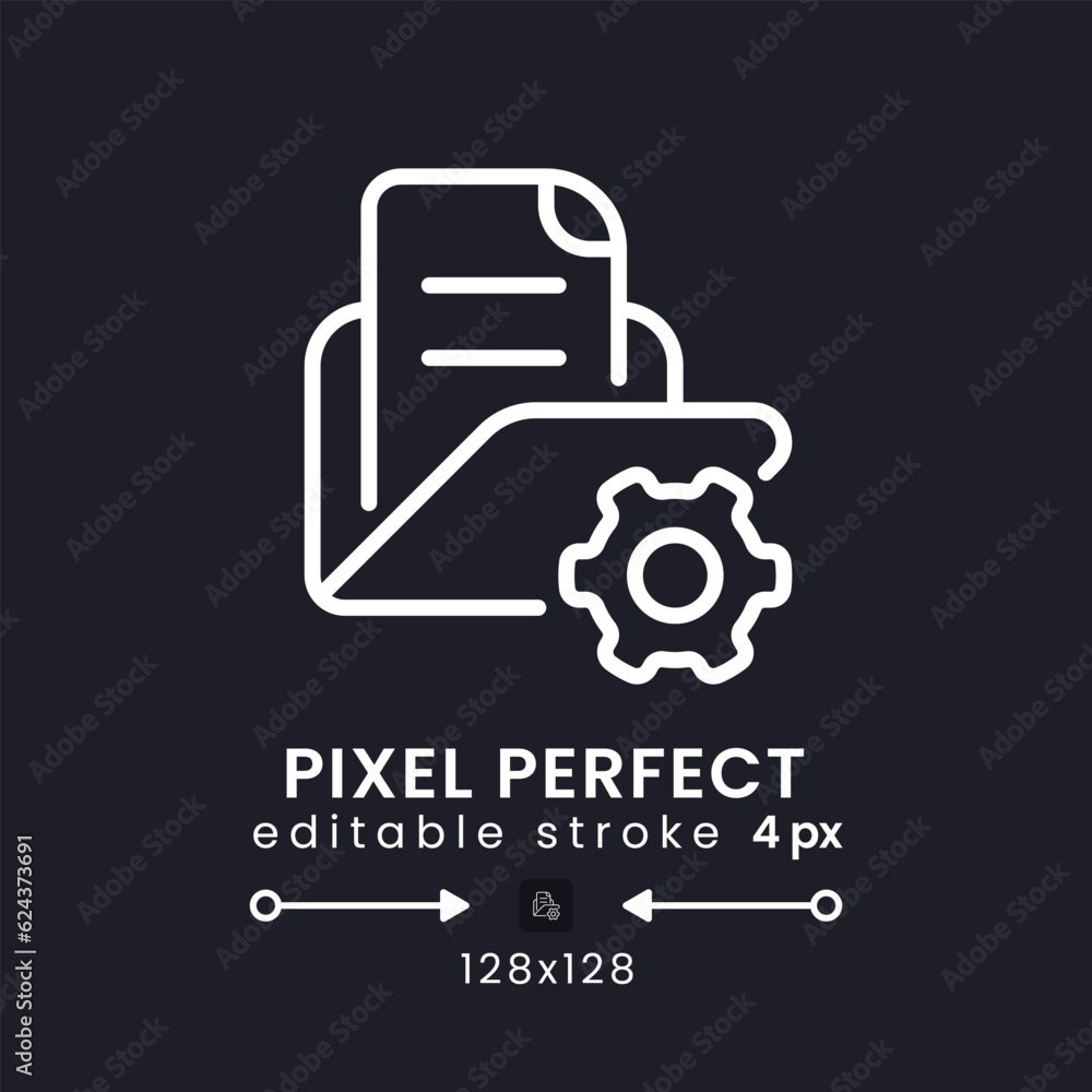 Poster file and document manager white linear desktop icon on black. data management. cloud storage. pixel 