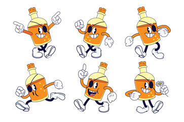 Vintage cartoon rum bottle mascot set, vector illustration. Cartoon mascot set