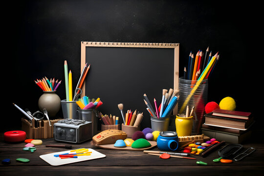Stationery and apples on the background of a school blackboard, Generative AI 1
