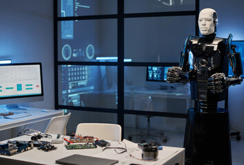 Robot cyborg with artificial intelligence standing in the laboratory