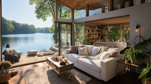 A living room filled with furniture next to a lake. Generative AI. Tiny boat house interior.